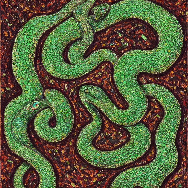 Prompt: a beautiful portrait of he looked at the serpentine s, inlaid with glittering green stones : it was easy to visualize it as a minuscule snake, curled upon the cold rock, highly detailed, fantasy art, art work