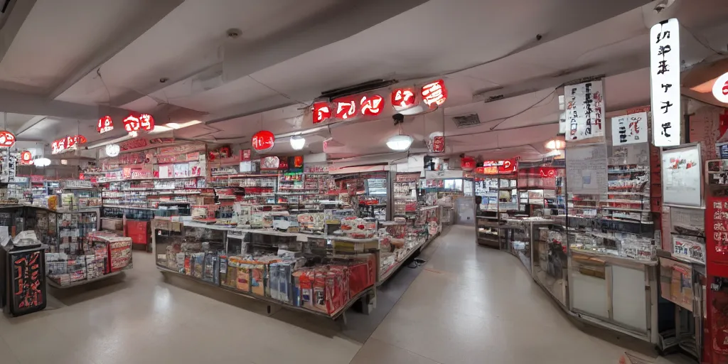 Image similar to interior of a japanese convenient store after midnight, large windows with a view of a parking lot, grey interior, low lights, red glow of japanese neon signs, kitchen in the background, desolate, cinematic, 8 k