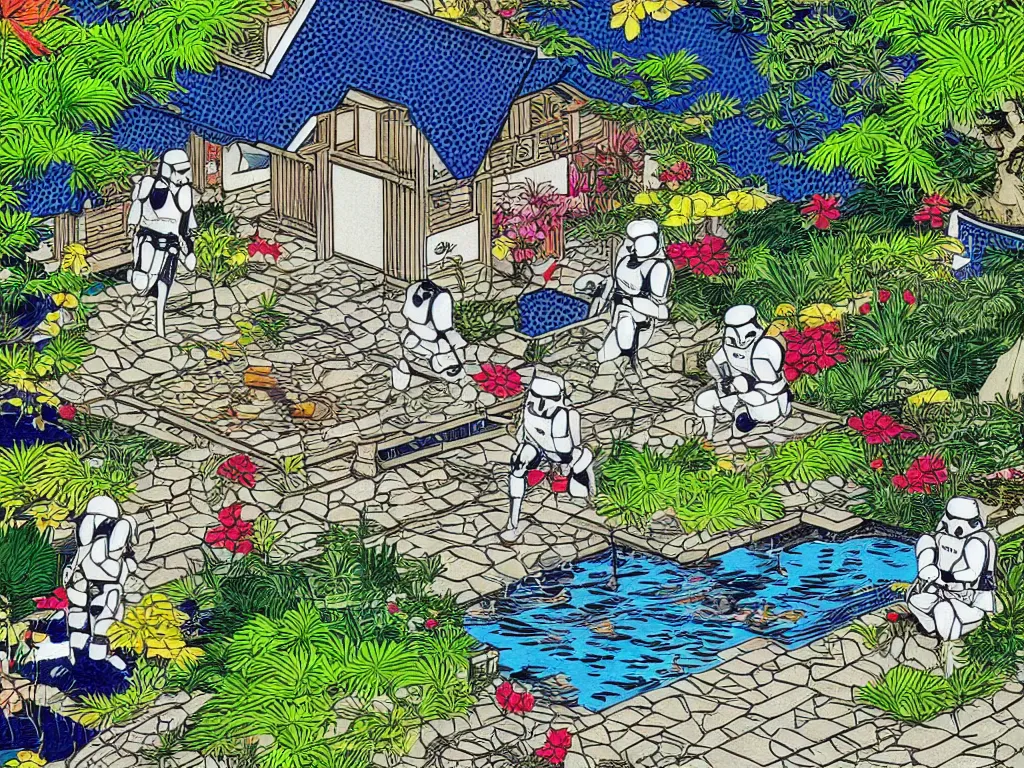 Image similar to super - detailed close - up image of the japanese home with a garden and pond, 2 stormtroopers sitting around it, in style of pop - art, andy warho style, roy lichtenstein style, jackie tsa stylei, bright palette, acrylic on canvas