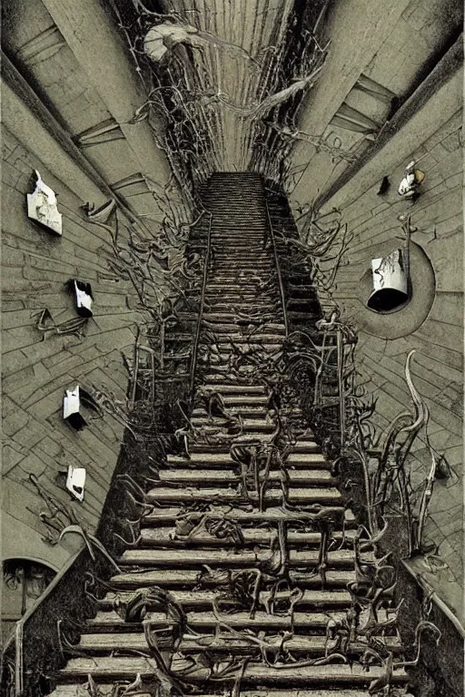 Image similar to stairs to nowhere nihilist discordian surreal collage made of by mc escher, walt disney, hr giger and beksinski. 8 k resolution. william s burroughs