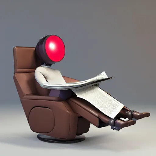 Image similar to futuristic studious matte brown and red full-body humanoid robot with two huge round expressive sad purple glowing LED eyes and open rectangular mouth sitting on a large comfortable cushioned 1950s vintage recliner reading a newspaper. open newspaper. Cinematic Movie Photograph, Arri Alexa, Extremely Detailed, smooth, very very clean, 8K, octane render, maya render, unreal engine, trending on artstation, DSLR, excellent composition, center frame