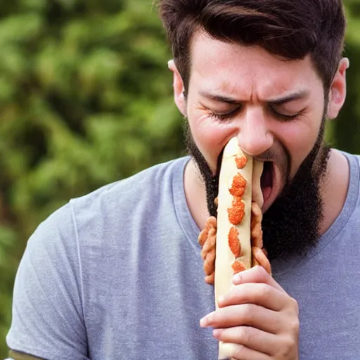 Prompt: man sticking a hot - dog into his ear