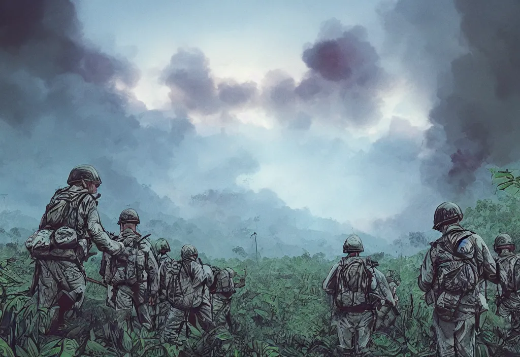 Image similar to handmade illustration of an epic Vietnam war scene with a few american soldiers walking, the jungle at the background, some smoke and fire, blue sky with dramatic clouds, line art, ink, watercolor by Kilian Eng and by Jake Parker, heavy brushstrokes, winning-award masterpiece, fantastic, octane render, 8K HD Resolution, High quality image