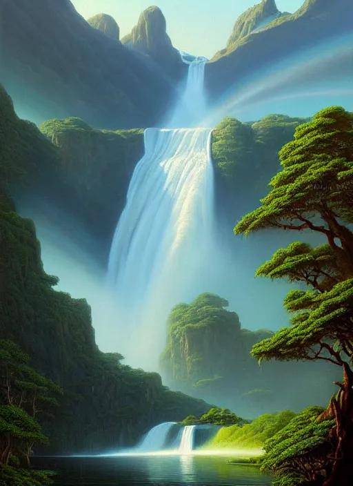 Prompt: a painting of a waterfall and a lake surrounded by mountains, a detailed matte painting by david a. hardy, featured on cgsociety, fantasy art, matte painting, 2 d game art, concept art