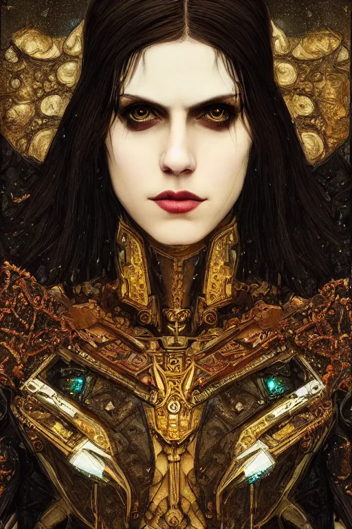 Image similar to portrait of beautiful gothic Alexandra Daddario, cyberpunk, Warhammer, highly detailed, artstation, illustration, art by Gustav Klimt