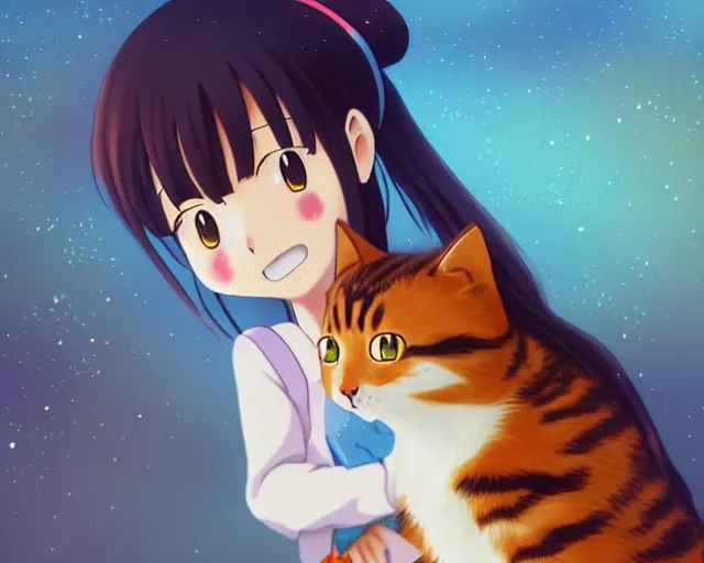 Image similar to anime fine details portrait of joyful girl hugging cat in school, bokeh. anime masterpiece by Studio Ghibli. 8k render, sharp high quality anime illustration in style of Ghibli, artstation