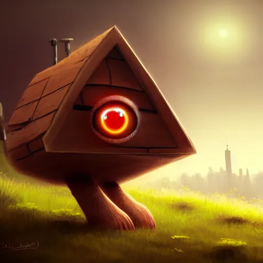 Image similar to a walking cute wood house with two mechanical legs and two glowing eyes and a mouth, rust, hyperrealistic, pareidolia, highly detailed, cinematic, single ray of sun, fog, city in background, beautiful, cgssociety, artstation, 8 k, oil painting