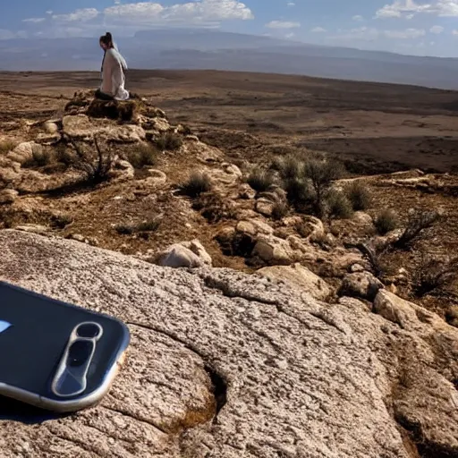 Prompt: An iPhone on a rock in Mitzpe Ramon under the sky
