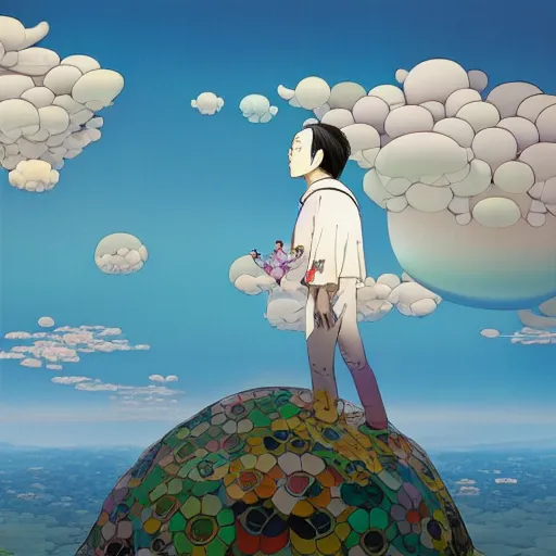 Image similar to a man walking on clouds above kyoto by takashi murakami, beeple and james jean, aya takano color style, 4 k, super detailed