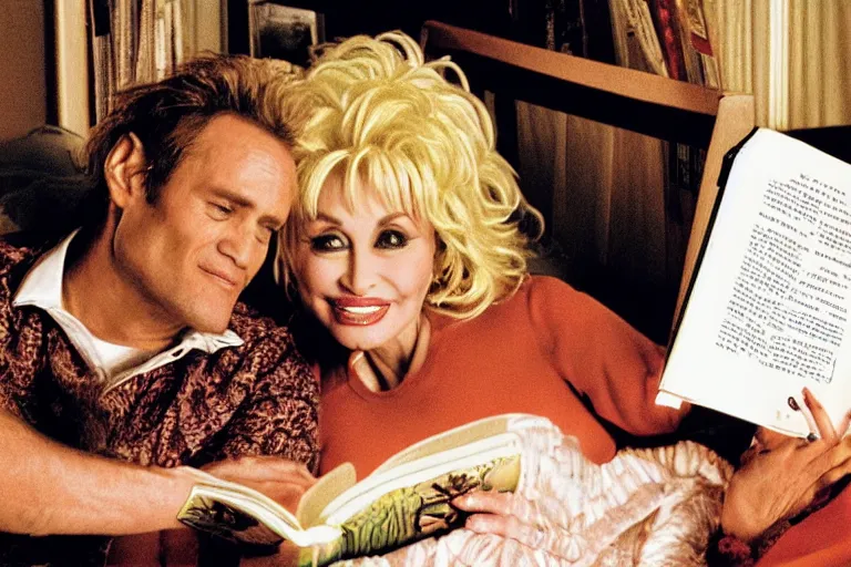 Image similar to portrait of dolly parton reading a bedtime story to jim carrey in bed,