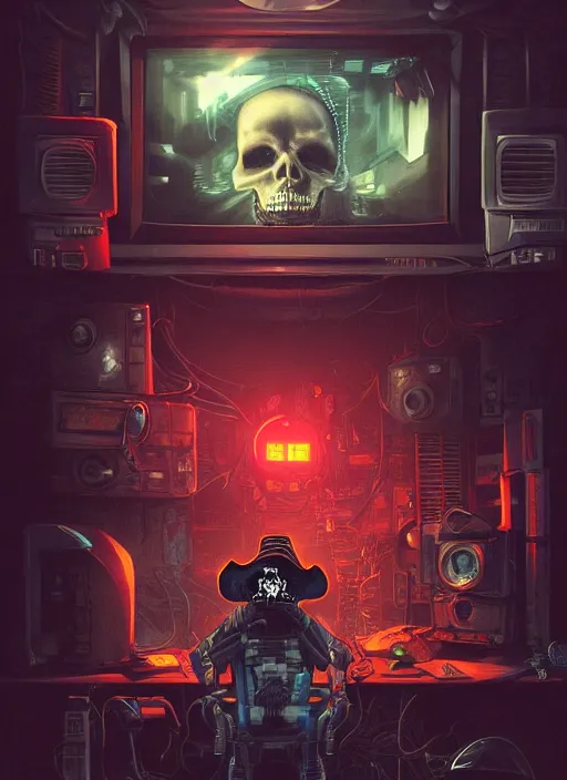 Image similar to a cyberpunk hacker pirate captain skeleton with a pirate hat sitting in front of a huge old crt monitor in a dark room, only light coming from crt monitor, highly detailed, intricate, digital art, trending on artstation, trending on cgsociety, by greg rutkowski