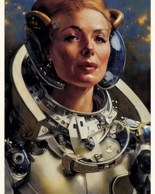 Prompt: head portrait of elegant striking mature space woman in armoured spacesuit, dynamic, by norman rockwell, roberto ferri, daniel gerhartz, edd cartier, jack kirby, howard v brown, ruan jia, tom lovell, frank r paul, dean cornwell, astounding stories, amazing, fantasy, other worlds