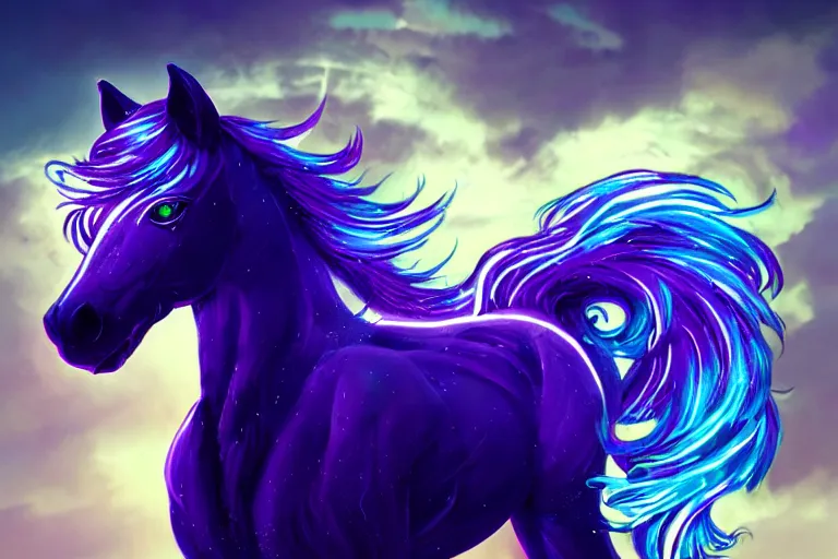 Prompt: a stunning horse with bioluminescent mane and tail jumping in the clouds by sandra chevrier and greg rutkowski, purple blue color scheme, celtic neon runes, vaporware, retro, outrun, high key lighting, volumetric light, digital art, highly detailed, fine detail, intricate, ornate, complex, octane render, unreal engine, photorealistic