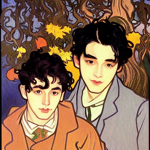 Image similar to painting of young cute handsome beautiful dark medium wavy hair man in his 2 0 s named shadow taehyung and cute handsome beautiful min - jun together at the halloween! party, bubbling cauldron!, candles!, smoke, autumn! colors, elegant, wearing suits!, clothes!, delicate facial features, art by alphonse mucha, vincent van gogh, egon schiele