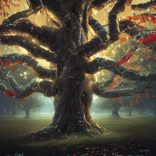 Image similar to a tree with many black black apples (((leaves))) !!!!!!!black apples!!!!!!!!, painted by rossdraws, greg rutkowski, thomas kindkade