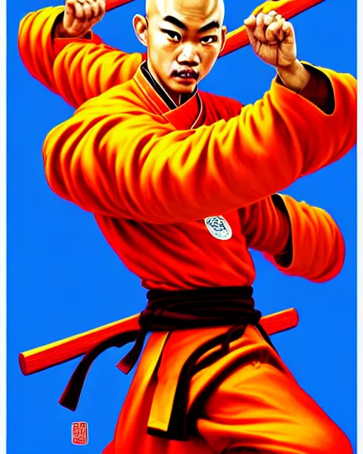 Image similar to richly detailed color illustration of a shaolin-Fast-Food-Employee-kung-fu illustrated by Artgerm and Timothy Kong . 3D shadowing