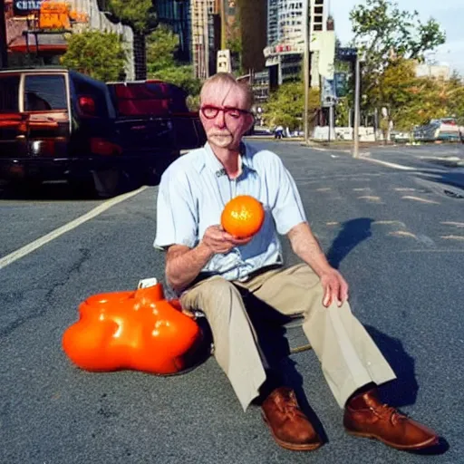 Image similar to hugh hopper holding an orange and a diet pepsi sitting on a street corner