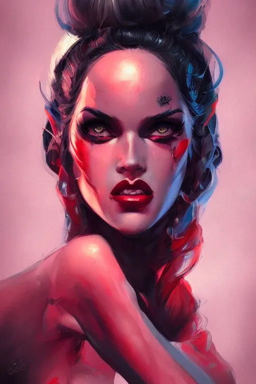 Prompt: closeup portrait noir femme fatale by sabbas apterus and james jean, warm saturated colors, concept art, beautiful composition, digital painting, trending on artstation