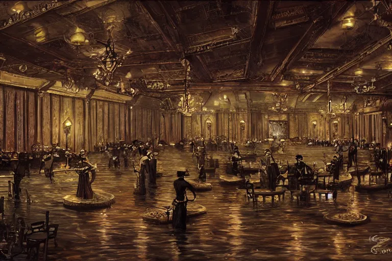 Image similar to steampunk ballroom flooding, wide shot, cinematic, realistic painting