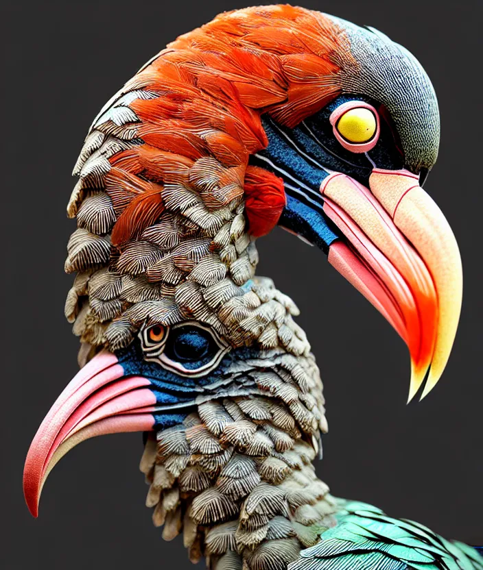 Image similar to a high resolution realistic photo portrait of a birdlike sculpture creature made of birds merged, creature wrinkles pheasant, feathers exotic morphing hoopoe, morphing wings king vulture head