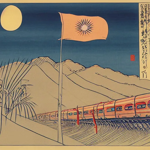 Prompt: high speed train in india against a giant rising sun, ukiyo - e style, lithograph, textile print, indian flag, indian scripts