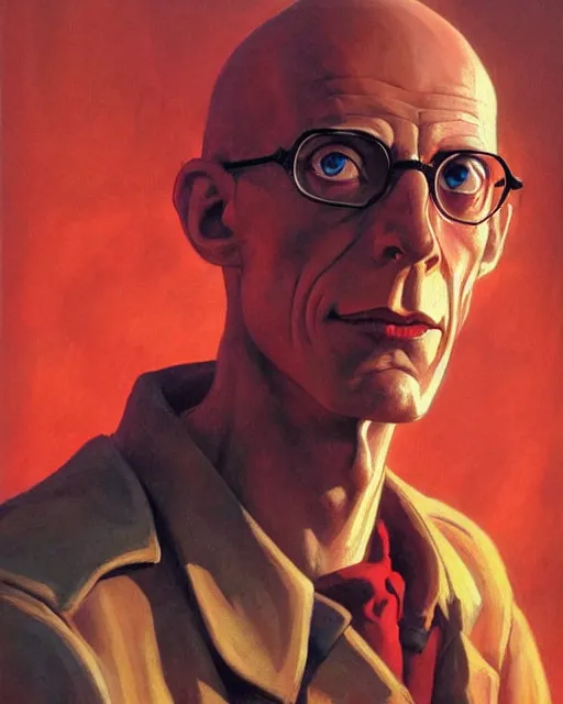 Image similar to michel foucault. 1 9 8 0 s dystopian soviet russia, propaganda screens. unreal engine, fantasy art by jesper ejsing. faithfully depicted facial expression, perfect anatomy global illumination, radiant light, detailed and intricate environment