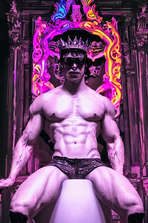 Prompt: full-body rococo and cyberpunk style neon statue of a muscular attractive Marc Anthony wearing cholo shades macho dotado e rico android sim roupa reclining con las piernas abertas e la piroca dura, ethereal white dripping tar, glowing orange lasers, pink tigers, glowing eyes, silver prince crown, black gears, pink diamonds, swirling mint-colored silk fabric. futuristic elements. full-length view. human skulls. large intricate artwork by caravaggio. Trending on artstation, octane render, cinematic lighting from the right, hyper realism, octane render, 8k, depth of field, 3D