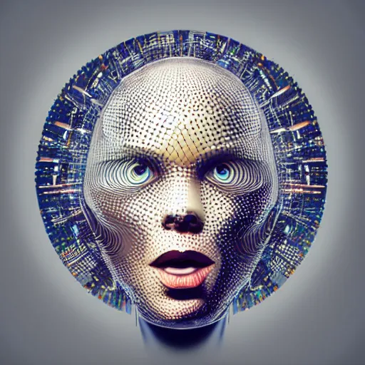 Prompt: an insanely detailed cibernetic artwork of a futuristic artificial intelligence superstar, centered image, with frames made of detailed fractals, octsne render, 4k, insanely detailed, detailed grid as background, cgi