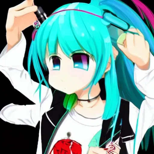 Image similar to hatsune miku being high with bloodshot eyes smoking weed with a vape pen. a room full of smoke