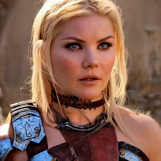 Image similar to elisha cuthbert as a barbarian warrior in a dystopian future battleground