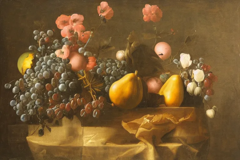 Prompt: zero gravity still life with floating flowers and fruit in the style of the dutch masters, dark and moody