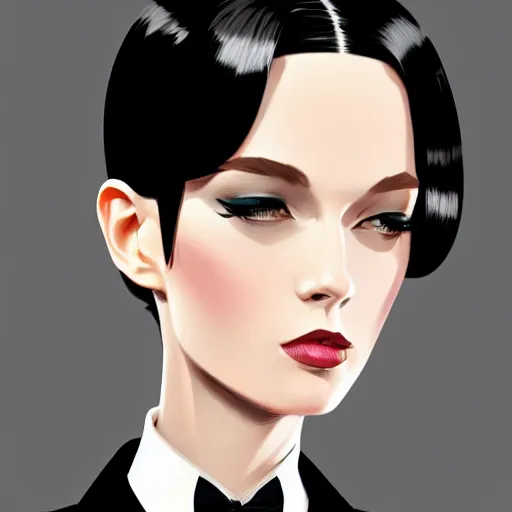 Prompt: young female in black tuxedo, corporate boss, luxury, muted colors, matte print, pastel colors, 2d, ultra highly detailed, smooth, sharp focus, digital art, digital painting, fan art, elegant, artstation, by Ilya Kuvshinov