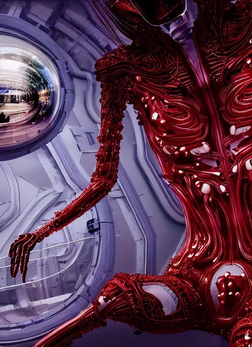 Image similar to background space station, red baroque inflateble dress iris van herpen positing on floor, helmet instead of a head, perfect symmetrical, full body shot, inflateble shapes, wires, tubes, veins, jellyfish, white biomechanical details, wearing epic bionic implants, masterpiece, intricate, biopunk, vogue, highly detailed, artstation, concept art