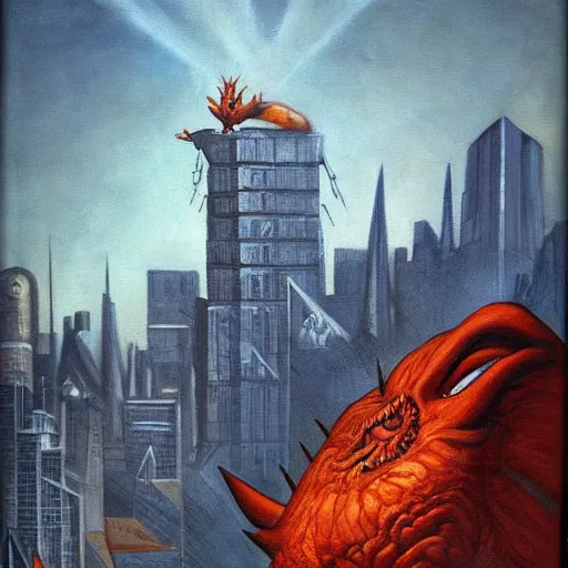 Image similar to by ernie barnes, by nicolas mignard flickr, cinnabar cosy, rigorous. a beautiful painting of a large, orange monster looming over a cityscape. the monster has several eyes & mouths, & its body is covered in spikes. it seems to be coming towards the viewer, who is looking up at it in fear.