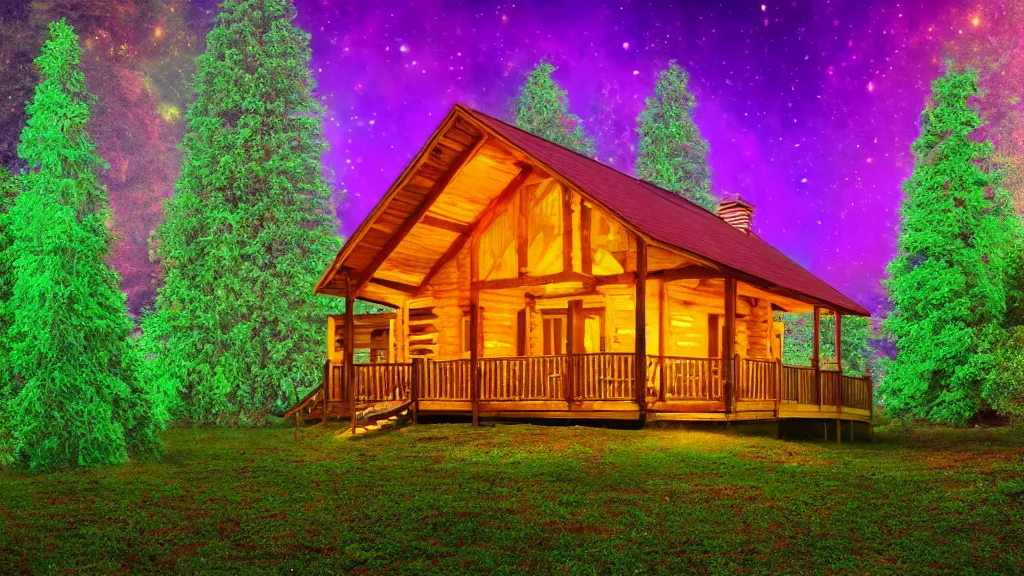 Image similar to portrait of an ethereal vaporwave log cabin made of golden purple and green light, evergreen forest, divine, cyberspace, mysterious, high-contrast, 4k, award-winning photograph