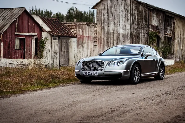 Prompt: modern rusty Bentley Continental GT drives along the road of an old Russian village with houses at the edges