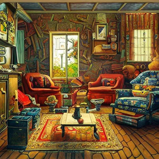 Image similar to a painting of a living room filled with furniture, a surrealist painting by jacek yerka, cgsociety, fantastic realism, surrealist, detailed painting