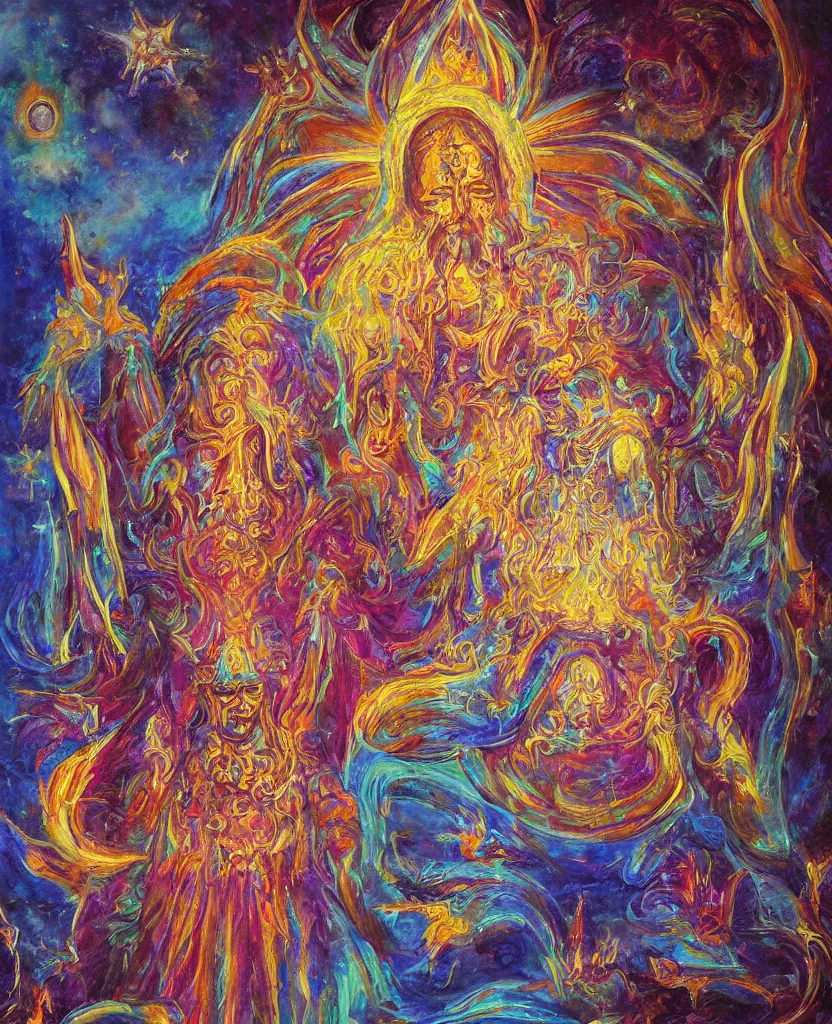 Prompt: holy throne of the gnostic god, award winning oil painting, iridescent aberration celestial color palette