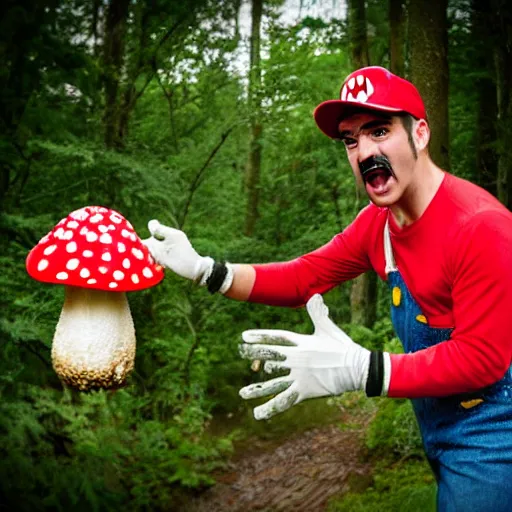 Image similar to photo of real life mario finding a giant amanita muscaria, exhilarated, portrait, closeup. mouth open, 3 0 mm, bokeh