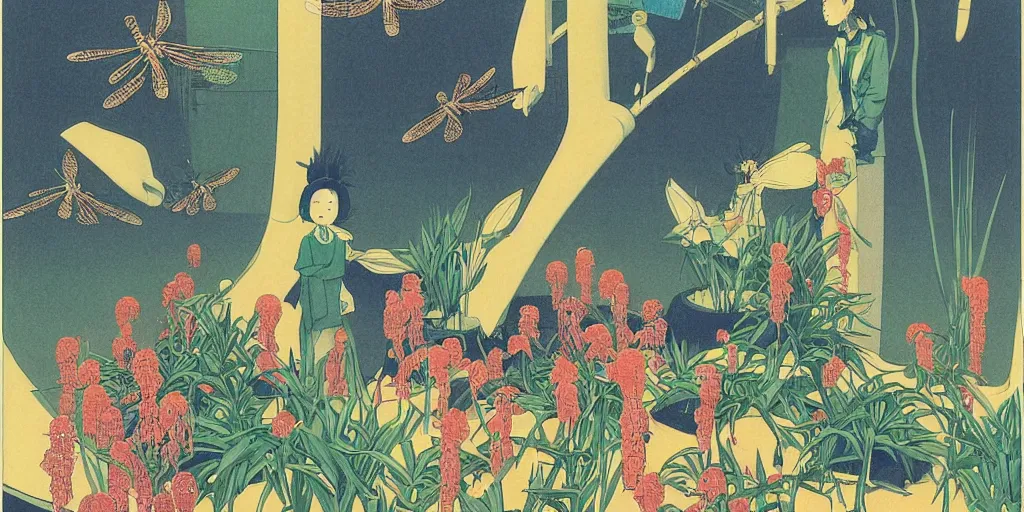 Image similar to gigantic robotic dragonflies with human faces catch tiny robots, a lot of exotic plants around, human heads everywhere, risograph by kawase hasui, edward hopper, satoshi kon and moebius, no text!, colorful flat surreal design, super - detailed, a lot of tiny details, fullshot