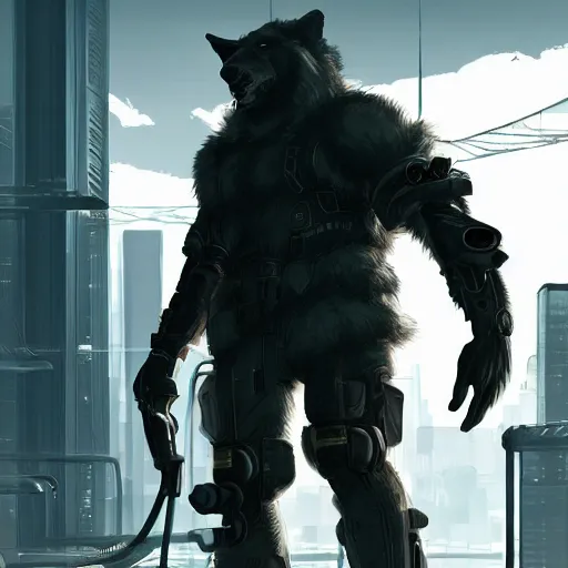 Image similar to a large muscular wolf wearing cyberpunk techwear in an office, artstation, high res, 4k