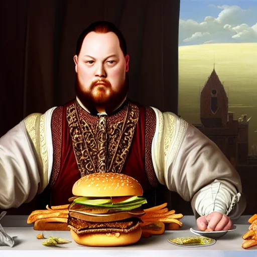 Image similar to portrait of henry viii eating hamburgers, extra onions and ketchup, luscious patty with sesame seeds, feminine ethereal, handsome, d & d, fantasy, intricate, elegant, highly detailed, digital painting, artstation, concept art, matte, sharp focus, illustration, art by artgerm and greg rutkowski and alphonse mucha