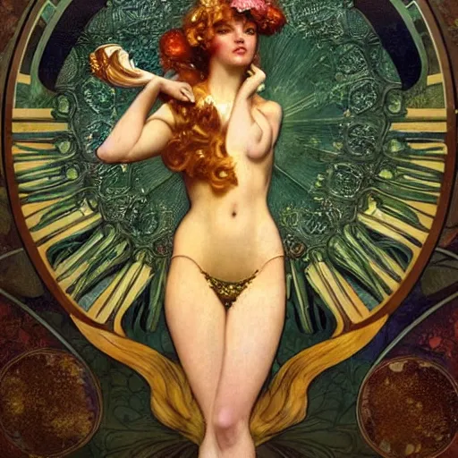 Image similar to full body pose, hyperrealistic oil painting of beautiful starbucks mermaid, dim volumetric lighting, art nouveau, by mucha and elvgren. extremely hyper detailed, intricate, epic composition, cinematic lighting, masterpiece, trending on artstation