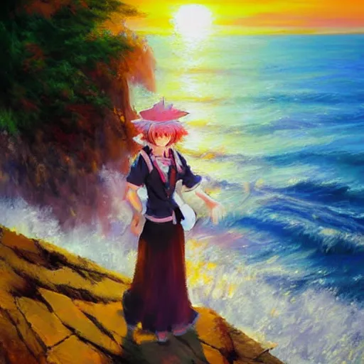 Image similar to Beautiful abstract impressionist painting of Kirisame Marisa from the Touhou project on a cliff looking calmly at the sea at sunset, touhou project official artwork, danbooru, oil painting by Antoine Blanchard, wide strokes, pastel colors, soft lighting sold at an auction