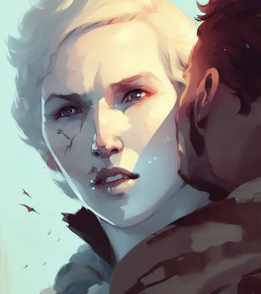 Image similar to portrait of cullen from dragon age with a beautiful woman he loves by atey ghailan, by greg rutkowski, by greg tocchini, by james gilleard, by joe fenton, by kaethe butcher, dynamic lighting, gradient light blue, brown, blonde cream and white color scheme, grunge aesthetic