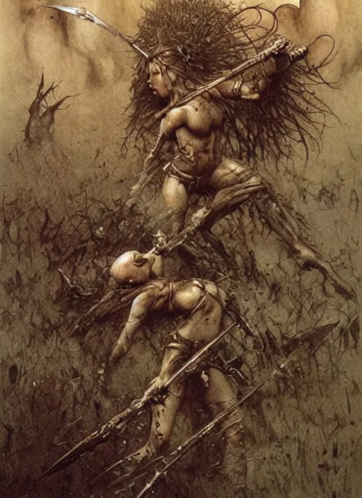 Image similar to bald barbarian girl fights goblins by Beksinski and Luis Royo