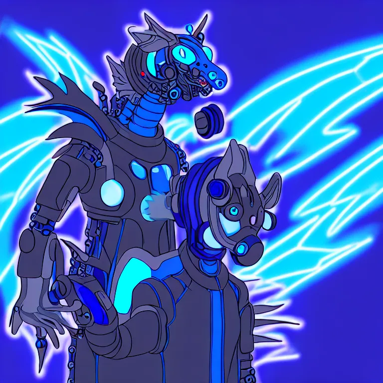 Image similar to an anthropomorphic male blue dragon fursona wearing a cybernetic suit, headphones on his head, laptop, cyberpunk, furry, vivid saturation, digital art, soft lighting