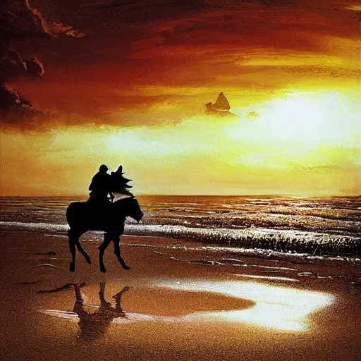 Prompt: baby yoda riding a horse on the beach at sunset by greg rutkowski