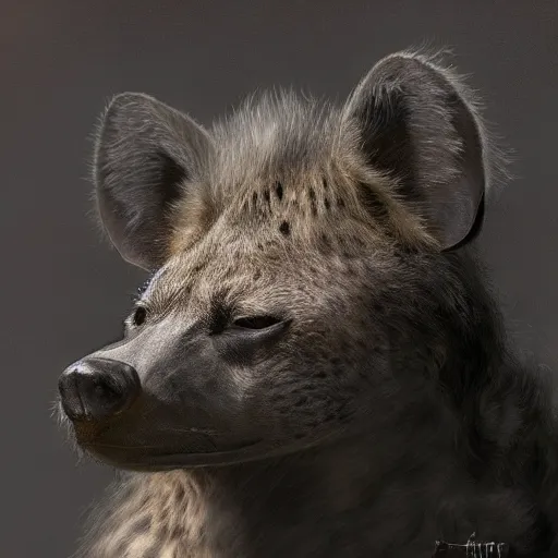 Prompt: portrait of a female hyena who is smoking a cigarette, she is gorgeous and intricate and elegant, volumetric lighting, scenery, high detail digital art, smooth, tony sart, randy vargas, rembrandt, illustration, concept art