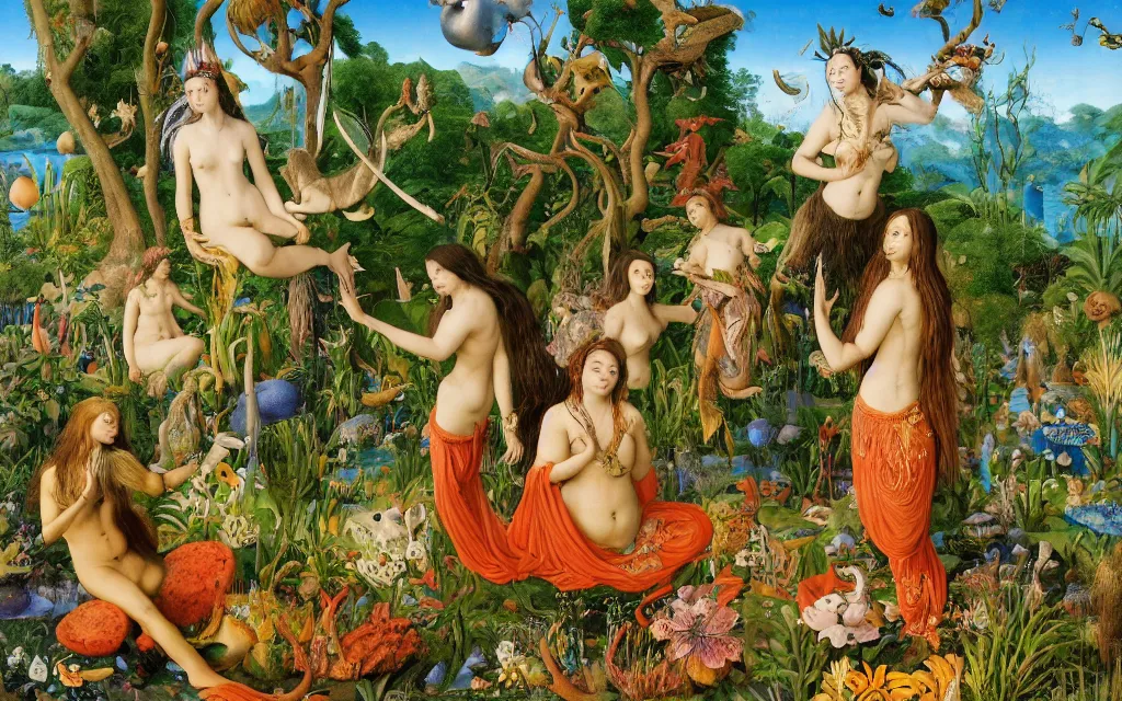 Prompt: a portrait photograph of a meditating mermaid shaman and a centaur monk feeding tropical animals at a wide river delta. surrounded by bulbous flowers, animals, trees and mushrooms. mountain range under a vast blue sky of burning stars. painted by jan van eyck, max ernst, ernst haeckel and artgerm, cgsociety, artstation, fashion editorial